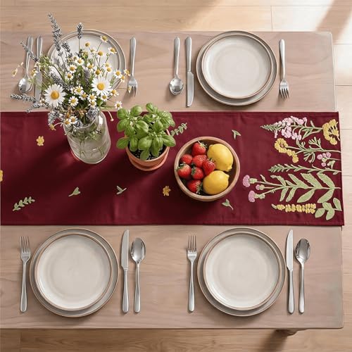 Artoid Mode Red Soft Chain Embroidery Wild Floral Christmas Table Runner, Seasonal Spring Kitchen Dining Table Decoration for Home Party Decor 13x72 Inch - color: Red, size: 13" x 72", Table Runner