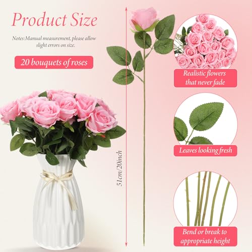 Hotop 20 Pcs Artificial Rose Flowers with Long Stem,Real Lifelike Silk Realistic Plastic Bouquet Roses Bulk for Home Decor Bridal Wedding Party Table Centerpieces Decorations(Pink) - color: Pink