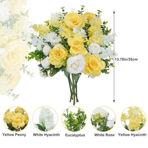 HUAESIN 6Pcs Peonies Artificial Flowers Silk Rose Bouquets Yellow White Faux Floral Arrangements for Indoor Vase Home Table Centerpieces Wedding Outdoor Cemetry Flowers - color: Yellow