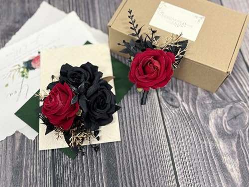 Wedding Flower Set with Rose Corsage and Boutonniere for Men (Black & Red) - color: Black & Red