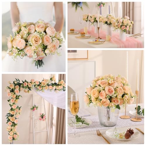 Luyue 8 Packs Peonies Artificial Flowers Vintage Faux Peony Bouquet Fake Flower for Vase Silk Floral Arrangements for Table Centerpiece Wedding Decoration Indoor Home Decor - color: Champange-8pcs
