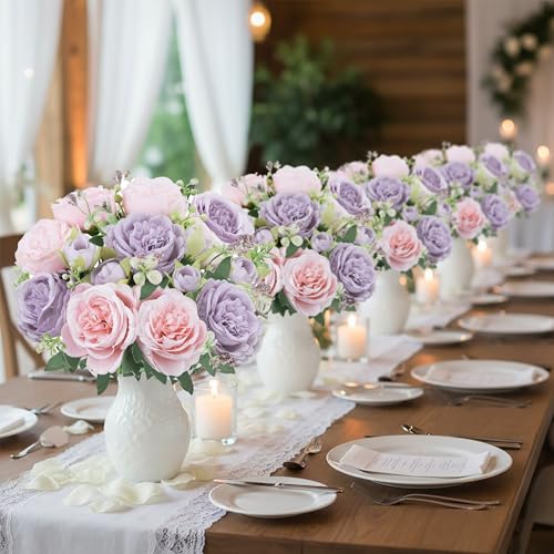 12 Bundles Peonies Artificial Flowers Bouquet, Lifelike Silk Fake Peonies with Stems for Home Table Centerpieces, Wedding, Party & DIY Bridal Floral Arrangements（Light Purple） - color: Light Purple