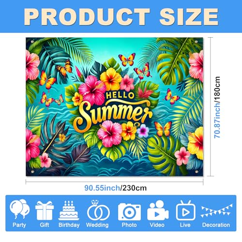 BlissYard Hello Summer Tropical Floral Backdrop 8x6ft Beach Leaf Flower Background Colorful Hibiscus Palm Butterfly Design for Summer Party Birthday Pool Event Photo Booth Decoration Banner - color: Summer Beach#06