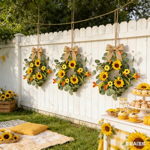 6 Pcs Summer Sunflower Mini Hanging Wreaths for Cabinets Artificial Small Candle Ring Wreaths with Daisy Flower and Eucalyptus Leaves for Home Kitchen Front Door Window Farmhouse Porch Wall Decor - color: Yellow