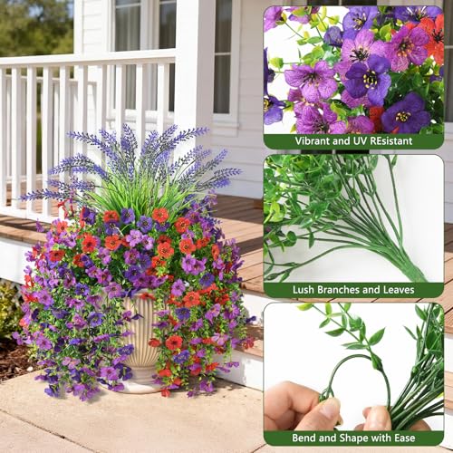 Artificial Fake Hanging Flowers Plants for Outdoor Outside Decoration, Faux Silk Daisy Flower Realistic UV Resistant for Front Porch Patio Balcony Garden Yard Indoor Planter Home Decor(Purple Red) - color: Mixed 2