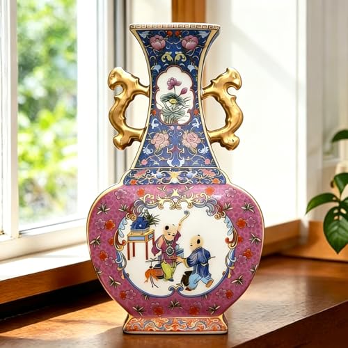 Jingdezhen Enamel Ceramic Vase for Home Decor, Chinoiserie Porcelain Handmade Ceramic Vase, Antique Luxury Accent Centerpiece for Living Room, Wedding Gift, Floral Arrangement (Pastel) - color: Purple