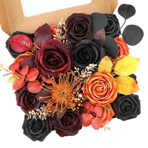 Floweroyal Halloween Artificial Flowers Black Flowers Mix Silk Flowers Fake Roses with Stems for DIY Wedding Bridal Bouquets, Baby Shower, Floral Arrangement, Table Centerpieces, Home Decorations - color: Orange & Black