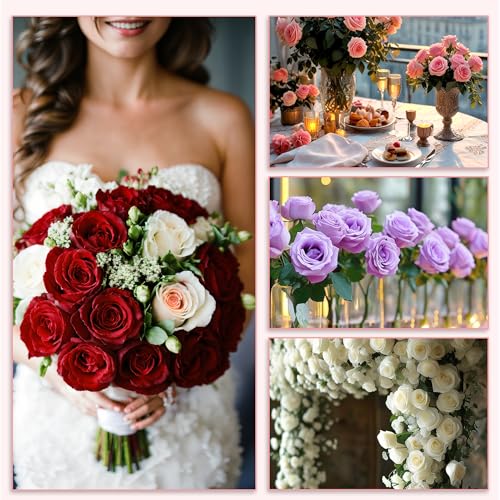 20PCS Artificial Roses with Long Stems - Realistic Silk Flowers, Fake Roses Real Touch Bouquet of Roses for Home Decor, Bridal Wedding Party Table Centerpieces, Bulk Faux Rose Flowers (White Purple) - color: White&purple, size: 20 PCS
