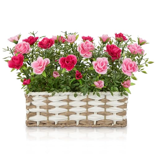 Artificial Rose Flowers with Woven Basket, Faux Blooming Roses in Fake Rattan Planter for Table Centerpiece, Romantic Floral Arrangement for Home Dining Room Wedding Sweet Decor, Hot & Soft Pink - color: Hot & Soft Pink