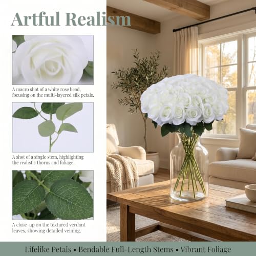 52pcs Ivory Roses Artificial Flowers Ivory White Roses Fake Flowers Silk Roses with Stems for DIY Wedding Bouquets Bridal Shower Centerpieces Arrangements Party Decorations - color: Ivory