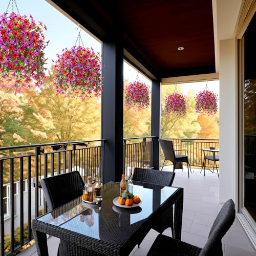 INXUGAO Artificial Hanging Flowers Plants with Basket for Outdoors, Realistic Faux Silk Daisy Flower Eucalyptus for Spring Decor, UV Resistant Fake Plants for Porch Patio Yard Balcony(Red Purple) - color: A-red Purple