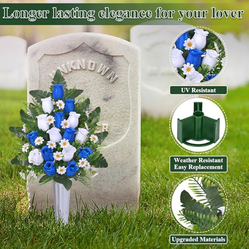 Dolicer 2 Sets Artificial Cemetery Flowers for Grave, Realistic Grave Flowers Memorial Flower UV Resistant Silk Rose Flower with Vase for Cemetery Decorations (Blue, White) - color: Blue, White, size: Flowers in Vase