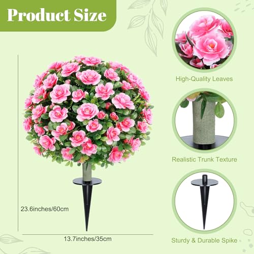 24''Artificial Flowers for Outdoors,2 Pack Topiary Ball Trees Fake Outdoor Plants with Ground Spike,UV Resistant Faux Shrubs for Garden,Porch,Front,Patio,Pink Crabapple Blossoms - color: Pink Crabapple Blossoms