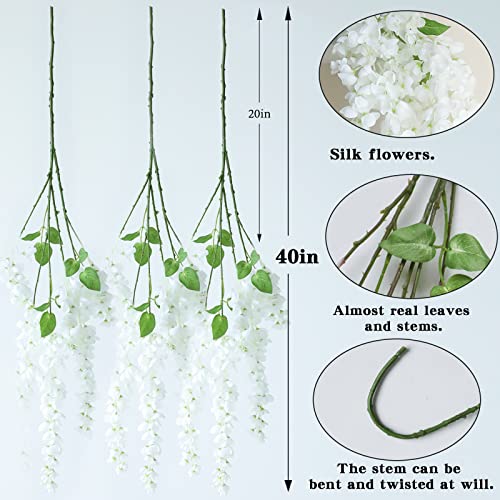 Dailisen 3 Strands 40'' Silk White Wisteria Artificial Flowers, Fake Wisteria Floral Hanging Plant Garland, for Home Decor, Party, Floor Vase, Balcony, Wedding Arrangement Decoration (White) - color: White
