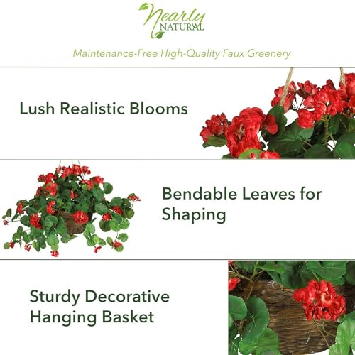 Nearly Natural 24in Artificial Geranium Hanging Basket Faux Floral Plant for Indoor Home Porch Decor, Red - color: Red