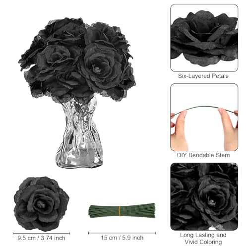 LELEE Rose Head Flowers with Stem - 108pcs Black Roses Artificial Flowers Bulk - Silk Rose Fake Flower for Bridal Gothic Wedding Bouquet Party Home Decor DIY Centerpieces Hotel Decorations - color: Black