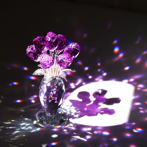 Ornalrist Crystal Purple Rose Flower Figurines - Glass Rose Bouquet Gifts for Women Mom Wife Girlfriend on Valentines Christmas Mothers Day Wedding Party - color: Purple
