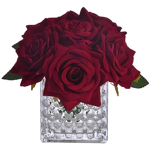 Fule Artificial Silk Rose Flower Centerpiece Arrangement in Glass Vase with LED Light for Home Wedding Decoration (Burgundy) - color: Burgundy