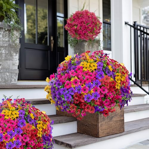 AXYLEX Artificial Flowers for Outdoors Fake Plants - 16 Bundles Faux Outside Greenery Boxwood UV Resistant Plastic Shrubs Decor (Mixed) - color: Mixed, 4 Colors Red Pink Purple Yellow