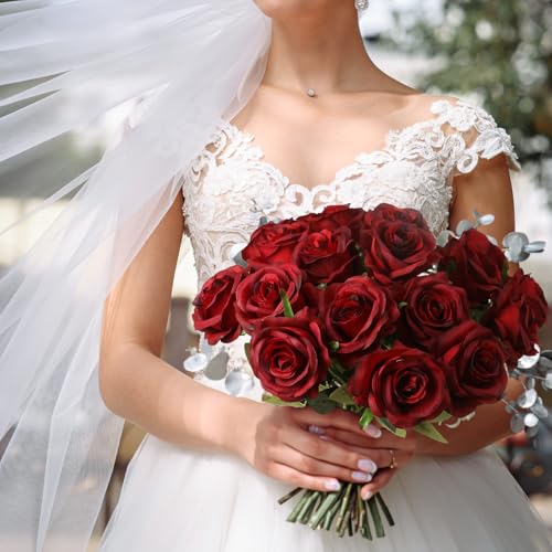 Nubry 24pcs Artificial Burgundy Roses, Fake Silk Roses Flower with Long Stems, Realistic Flowers for Bridal Wedding Party Table Centerpiece Home Decor - color: Burgundy