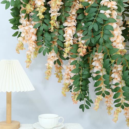 1pc/2pcs Encrypted Flower Vine Wisteria Artificial Flowers Garland,White Wisteria Hanging Flowers Garland Decorations for Home Garden Outdoor Ceremony Wedding Arch Decoration (Champagne Color, 2pcs) - color: Champagne Color, size: 2pcs