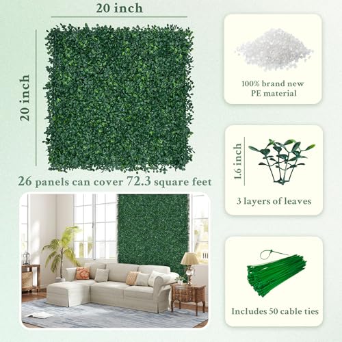 ODTORY Artificial Boxwood Wall Panels 20x20 inch 26Pcs, UV-Anti Faux Greenery Grass Hedge for Privacy Screen，Fake Ivy Plant Fence for Outdoor Garden, Backyard, Balcony, and Indoor Home Decoration - size: 20"X20" 26P