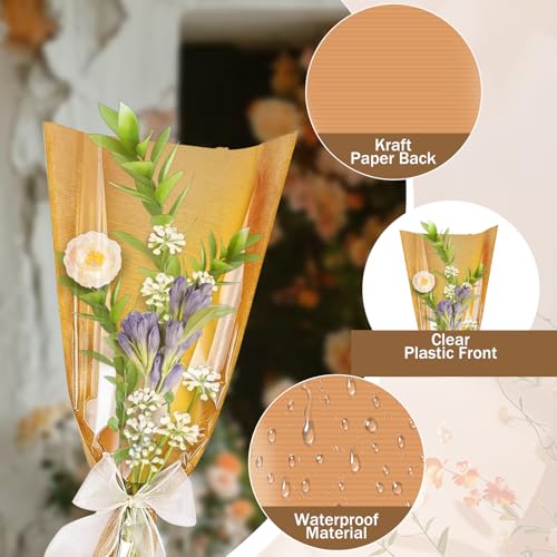 XABMU Flower Bouquet Bags - 100 Pack Kraft & Clear Floral Wrapping Sleeves for Wedding, Graduation, Mother’s Day Gifting & Florist Supplies - color: Kraft, size: 1 count (Pack of 100)