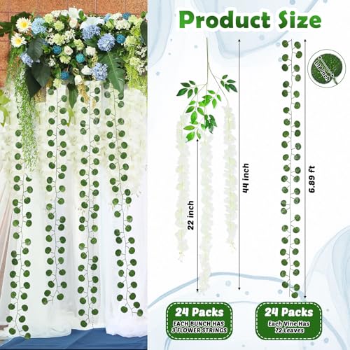 Suncalla 48 Pack Wisteria Hanging Flowers and Ivy Vine Garland Set 24 Artificial Silk Wisteria Vines 24 Fake Greenery Leaves for Wedding Arch Party Baby Shower Home Room Wall Forest Garden Decoration