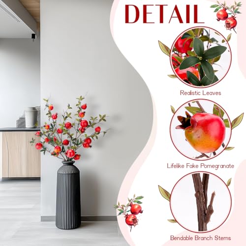 Gresorth Artificial Pomegranate Branch Fake Lifelike Plant Stem Decoration with Leaves Realistic Simulation Fruit Model Vase Home Ornament 3pcs - color: Red Pomegranate