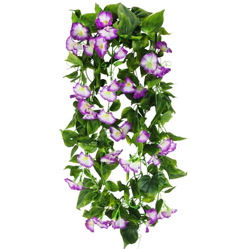 CISDUEO 2 Pcs Artificial Vines Silk Morning Glory Vines for Outdoor 15Feet Hanging Plants Garland Purple Fake Green Plant Morning Glories for Home Decor Wall Fence Stairway Wedding Hanging Baskets - color: Purple