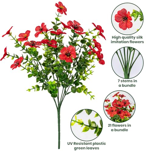 Lnoicy 20 Bundles Artificial Flowers for Outdoor Fake Plants for Spring Decoration,Faux Eucalyptus Flowers for Planter UV Resistant Lifelike for Home Porch Garden（Red） - color: Red