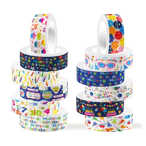 12 Rolls Happy Birthday Washi Tape, Colorful Cake Candles Masking Tapes, Balloons Birthday Hat Decorative Washi Tape for Birthday Party Gift Wrapping Scrapbooking DIY Art Crafts 16.4FT - color: U