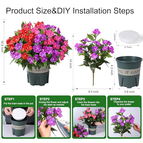 Artificial Flowers for Outdoors, 2 Set Fake Potted Flowers 12 Bundles UV Resistant Realistic Silk Faux Impatiens with Pot for Outside Balcony Garden Window Box, Red - color: Impatiens-red