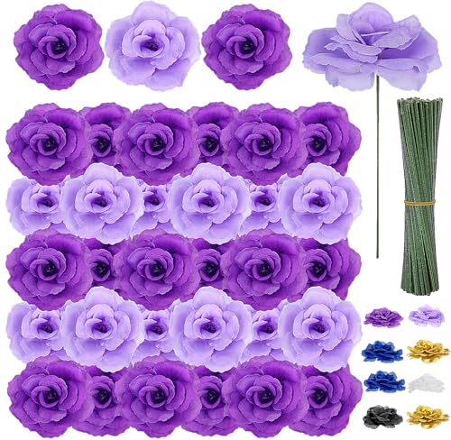 108pcs Roses Head Flowers with Stem - Purple & Lilac Artificial Flowers Rose Bulk - Lavender Purple Silk Rose Fake Flower for Wedding Bouquet Party Home DIY Baby Shower Centerpieces Tables Decoration - color: Purple-lilac