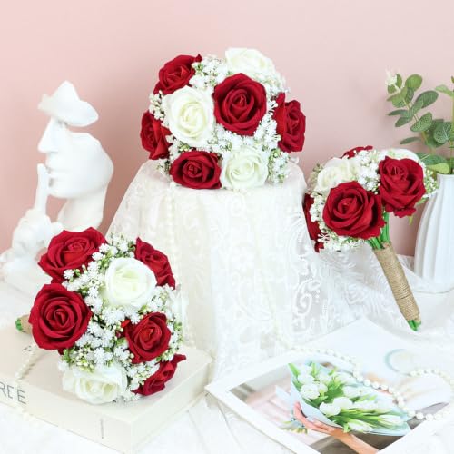 Burgundy Bridesmaids Bouquets Set of 6 - 7 Inch Artificial Flower Bouquet for Bridesmaid Pre-made Gypsophila Silk Rose Small Floral Bouquet for Wedding Bridal Shower Ceremony Anniversary Deocr - color: Burgundy Gypsophila Sage, size: Set of 6 Bridesmaid B