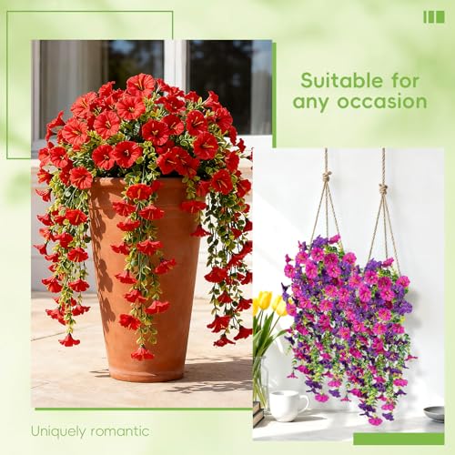 Artificial Hanging Flowers for Outdoor, 6PCS Red White and Blue Artificial Hanging Petunias Flowers, 4th of July UV Resistant Realistic Faux Morning Glory for Outside Patio Memorial Day Decor - color: Red White Blue