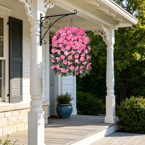 Fake Geraniums Artificial Hanging Flowers Basket for Outdoors, Spring Outdoor Hanging Plants Faux Silk Geraniums Vines in Planter UV Resistant Realistic for Outside Porch Yard Balcony Patio, Pink - color: Pink