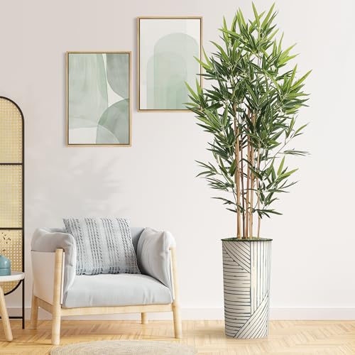 Artificial Tree in Geometric Pattern Planter, Fake Bamboo Silk Tree for Indoor and Outdoor Home Decoration - 70" Overall Tall (Plant Pot Plus Tree) - style: Bamboo