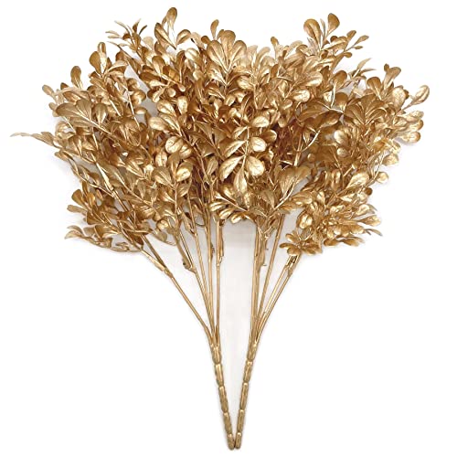 PASYOU Fake Plants Christmas Decorations, Golden Artificial Flowers Leaves Faux Foliage Home Garden Plastic Grass Shrubs Indoor Outdoor Party Hotel Verandah Wedding Event Bouquet Decor - Gold 2 Pack - color: Gold Foliage - 2 Pack