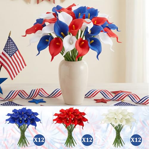 Hoteam 36 Pcs 4th of July Artificial Flowers Red White and Blue Decoration 250th Anniversary Patriotic Calla Lily Picks Decorations Independence Day Memorial Day Table Decor (Red,White,Blue) - color: Red,white,blue
