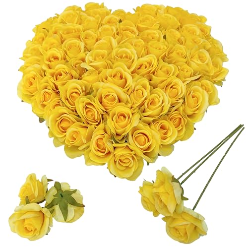 Artificial Satin Rose Flower Heads,42 Pcs Silk Rose Heads with Stems,3.5'' Rose Artificial Flowers Bulk,Artificial Rose Flower Heads for DIY Crafts Bouquet (42, Yellow) - color: Yellow