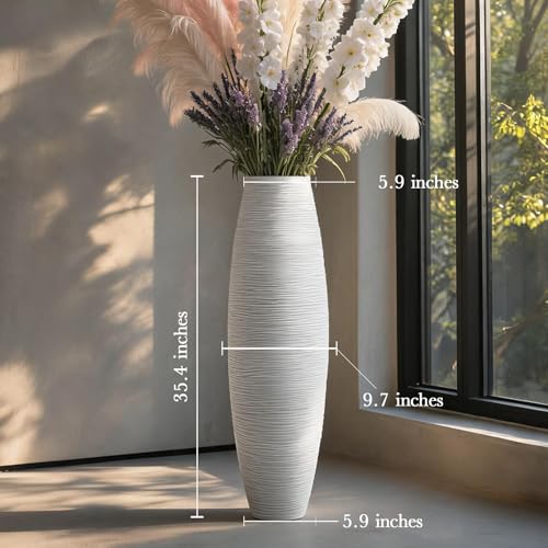 Large Floor Vase 35.4" Matte White, Resin Wide-Body Vase with Horizontal Ribbed Texture for Dried Pampas Grass Branches, Modern Home Decor for Living Room Corner Entryway - color: White, size: 35.43 in