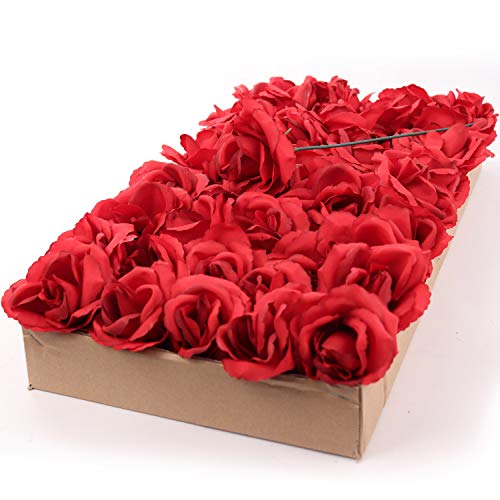 Larksilk Dark Red Artificial Roses 50pcs, Real Touch Fabric Fake Flowers with Stems for Wedding Flowers and Table Centerpieces - color: Dark Red