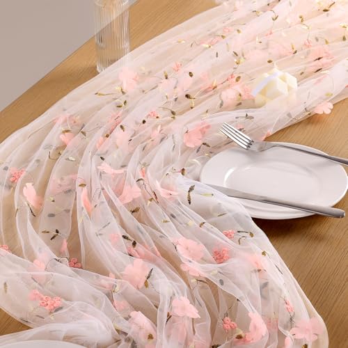 6 Pack Embroidery Floral Table Runner Rustic Spring Summer Wildflower Tulle Table Runner Vintage Flower Tabletop Runners Decoration for Home Wedding Party, 108x24.5 Inch (Pink Flowers) - color: Pink Flowers-6, size: 108*24.5 inch