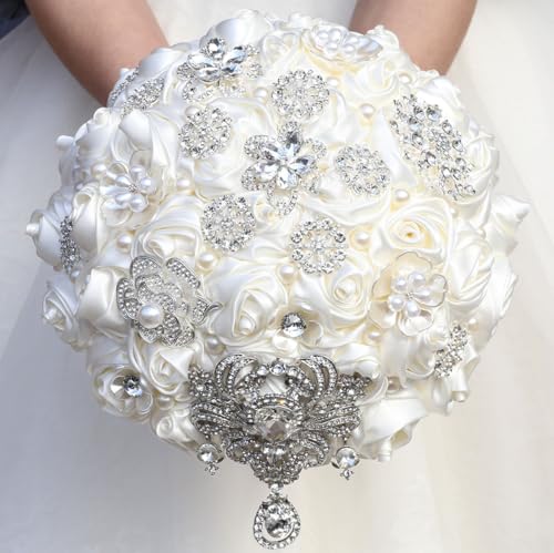 Bridal Wedding Bouquet Round Bling Brooch Bouquet Artificial Rose Flower Bunch for Bride Bridesmaid Wedding Quinceanera(Ivory, 9.8") - color: Ivory*, size: Large (Dia. 9.8"/25cm)