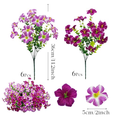 Artificial Flowers for Outdoors Decoration, 12 Bundles Fake Silk Morning Glory with Faux Plastic Eucalyptus UV Resistant for Outside Front Door Porch Planters Patio Garden Decor (MultiColor 3) - color: Multicolor 3