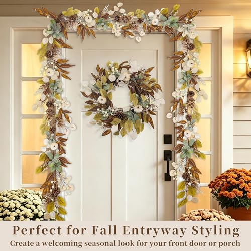 6FT Fall Garland with Cream Pumpkins, Neutral Autumn Garland with Pinecones Berries Leaves, Farmhouse Thanksgiving Decorations for Fireplace Mantel, Doorway, Staircase, Table Centerpiece - size: 6FT-BT-White