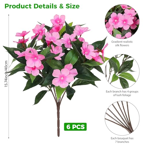 Ouddy Decor 6 Bundles Artificial Flowers for Outdoors Decorations, Fake Silk Flowers Faux Plants Plastic Bouquet UV Resistant for Porch Garden Wedding Spring Summer Indoor Outside Home Decor, Pink - color: Pink