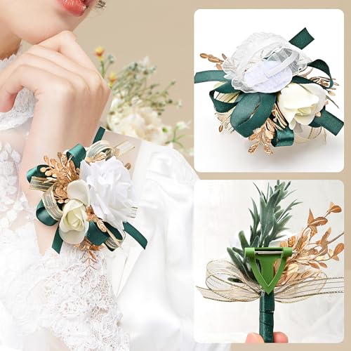 Ivory Rose Wrist Corsage Wristlet Band Bracelet and Men Boutonniere Set with Dark Green Ribbin for White Wedding Flower Accessories Prom Suit Decorations