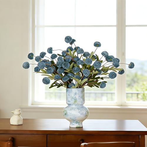 12Pcs Fake Kiku Flowers, Artificial Small Chrysanthemum Balls with Stems, Faux Silk Mini Pompon Mums for Vase Floral Arrangement DIY Bouquets Wedding Party Table Centerpieces Home Decor (No Vase) - color: Blue